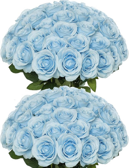 50pcs Artificial Roses Flowers in Bulk,Realistic Silk Fake Rose with Long Stem for Wedding Centerpieces Bouquet Party Floral Arrangement Home Decoration (Blue)