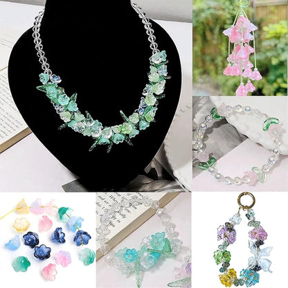 200PCS Bellflower Glass Beads, Gradient Clear Bead for Jewelry Making, Mixed Color Trumpet Flower Beads for Keychains Earrings Bracelets Necklaces Lanyard DIY Handicrafts