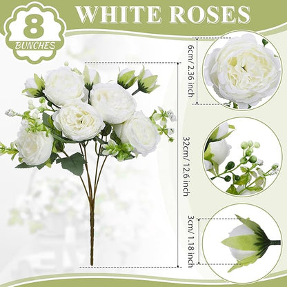 Crowye 8 Bundles Artificial Peonies Realistic Flowers with Stems Bouquet Peonies for Table Centerpieces Wedding Decoration Bridal Floral Arrangement (White)