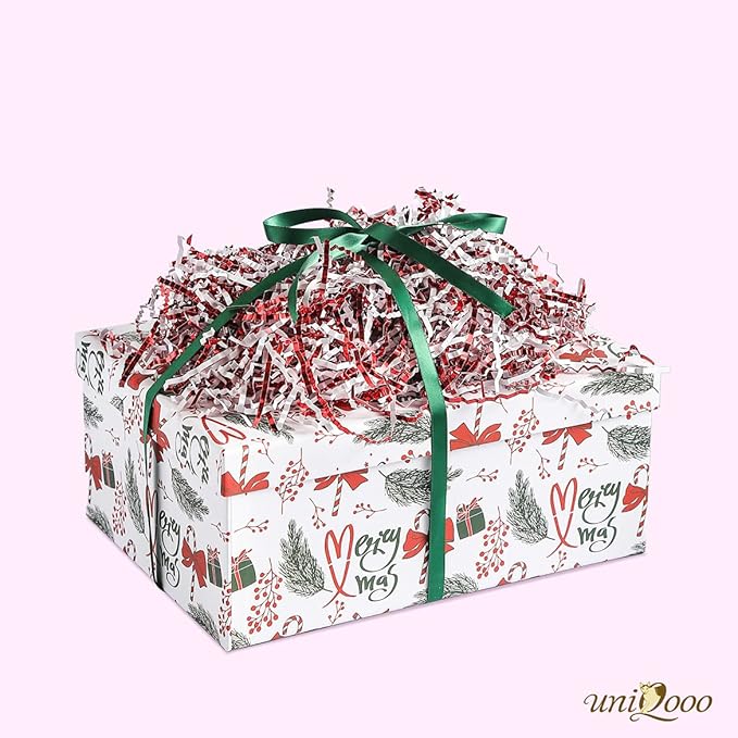 UNIQOOO 1/2 LB Metallic Red White Crinkle Cut Paper, Candy Cane Shredded Filler, Christmas Peppermint Zig Fill Raffia Tissue, Strands Shred Craft Bedding Cushion,Wedding Birthday Gift Boxes Bag Retail