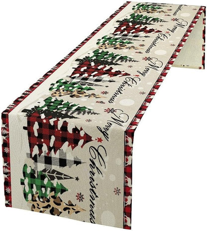 Christmas Tree Table Runner,Farmhouse Xmas Trees Buffalo Plaid Winter Snowflake Tablecloth Burlap for Hotel Indoors Outdoor Dining Room Kitchen Home Decor,W13X L108 in