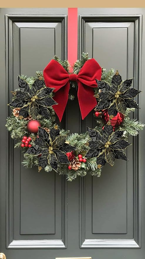 DILATATA 3 Pcs Artificial Christmas Flowers 11 Inch Glitter Poinsettia Picks Christmas Tree Ornaments Topper Decorations Black Poinsettias Flowers for Xmas New Year Wreath Garland Wedding Party Decor