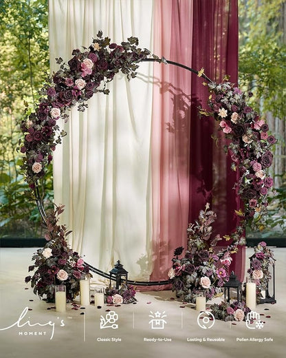 Ling's moment Wedding Arch Flowers with Sheer Drapes Kit - Artificial Deep Plum Floral Arrangements for Ceremony Backdrop, Arbor Decor, 5-Piece Set (2 Flower Stems + 3 Hanging Drapes)