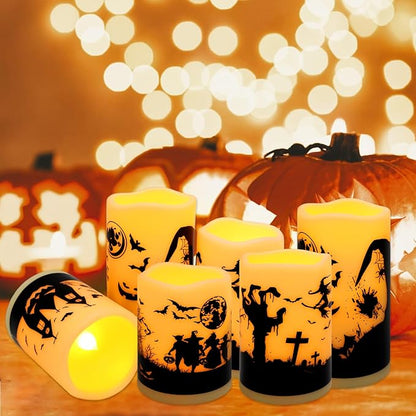 A Set of 6 Halloween-Themed LED flameless Candles, Featuring a timed Remote Control and Halloween-Themed Atmosphere Patterns, Perfect for Trick-or-Treating LED Candles，Halloween Spooky.