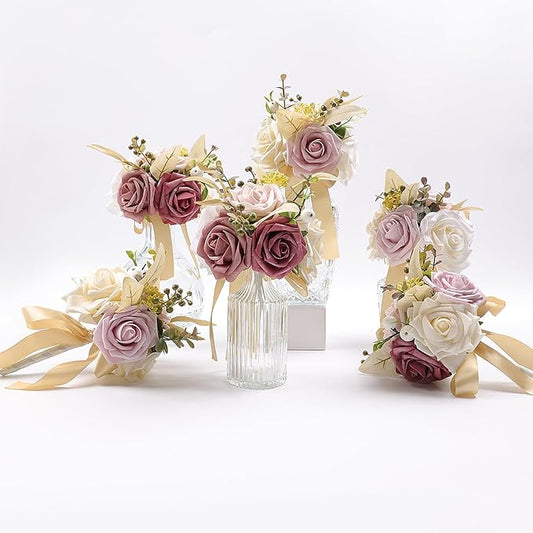 Meldel Set of 6 Wedding Flowers Fake Rose Mini Bridesmaid Bride Bouquets Dusty Pink Ivory Small Floral Wedding Centerpieces Decor Artificial Flower Arrangements for Tables Home Party Decorations