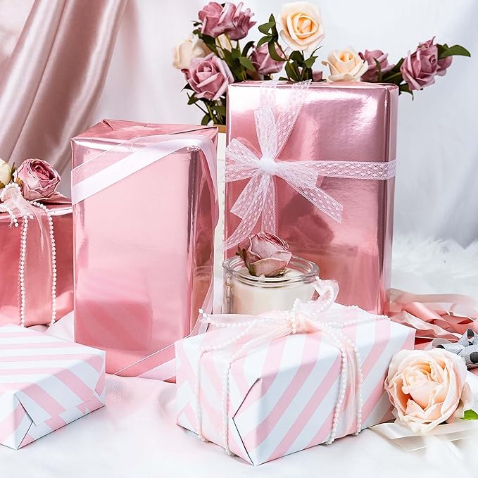 Merture Pink Wrapping Paper Roll Reversible - 17 In X 32.8 Ft(46.5 sq.ft.) Metallic Pink and Stripe Design Gift Wrap for Mothers Day, Wedding, Birthday, Christmas, Baby Shower, Valentines Day