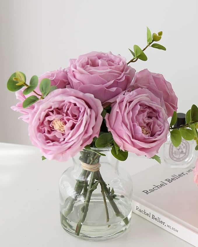Artificial Flowers with Pinkish-Purple Peonies in Vase, Fix Lifelike Fake Flowers in a Vase with Artificial Water, Faux Flower Arrangements for Dining Table Centerpiece Decor