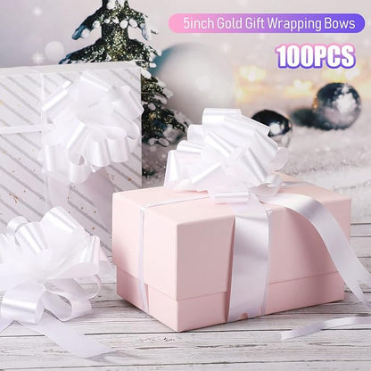 100 Pcs 5 Inch Christmas Pull Bows for Gift Wrapping, Gift Wrapping Pull Bows with Ribbon for Christmas Presents Wedding Decor Basket Bag Holiday Decor(White)