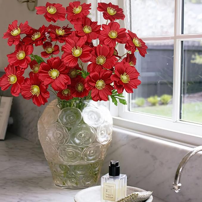 5 Pcs Artificial Flowers with Stems Faux Daisy Flowers Bouquet Red Gardenia Silk Flowers for Home Decor Indoor Vase Outdoors Balcony Table Centerpiece Outside Floral Arrangements Wedding