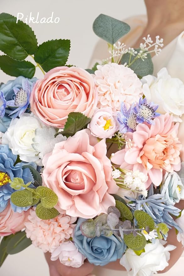 Artificial Flower Combination Box Set Artificial Flower Loose Leaves and Stems DIY Wedding Center Bouquet Bride Wedding Baby Shower（Nostalgia Blue Powder）