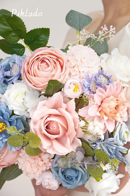Artificial Flower Combination Box Set Artificial Flower Loose Leaves and Stems DIY Wedding Center Bouquet Bride Wedding Baby Shower（Nostalgia Blue Powder）