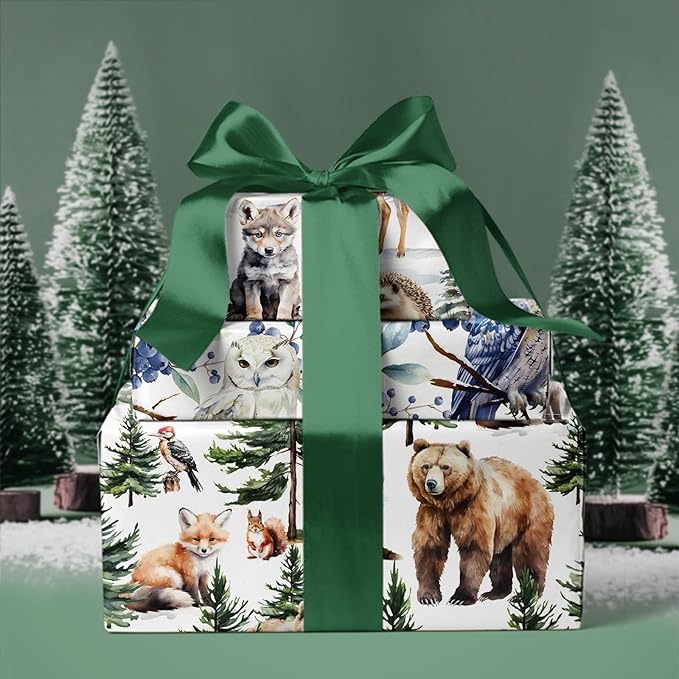 WRAPAHOLIC Kraft Christmas Wrapping Paper Roll - Mini Roll - 3 Rolls - 17 Inch x 120 Inch Per Roll - White Wild Animals Winterfall Watercolor Holiday Collection