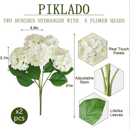 2 Bunchs 21in.White Real Touch Hydrangea Artificial Flowers,with 10pcs Flower Heads 20pcs Green Leaves. Faux Hydrangea Flowers. for Home Office Decor Wedding Party Arrangements (2, White)