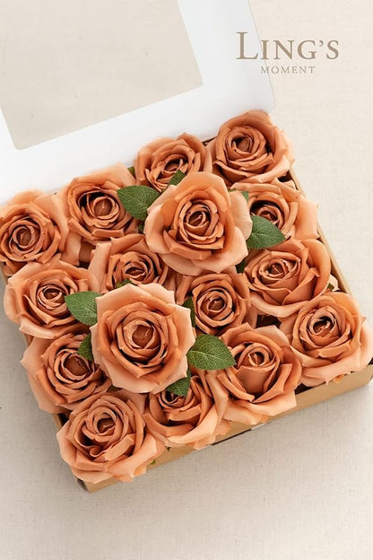 Ling's moment Artificial Flowers 16pcs Burnt Orange Silk Roses Real Looking 3.5" Fake Terracotta Roses Bulk with Stems for DIY Fall Wedding Bouquets Centerpieces Party Baby Shower Home Decoration