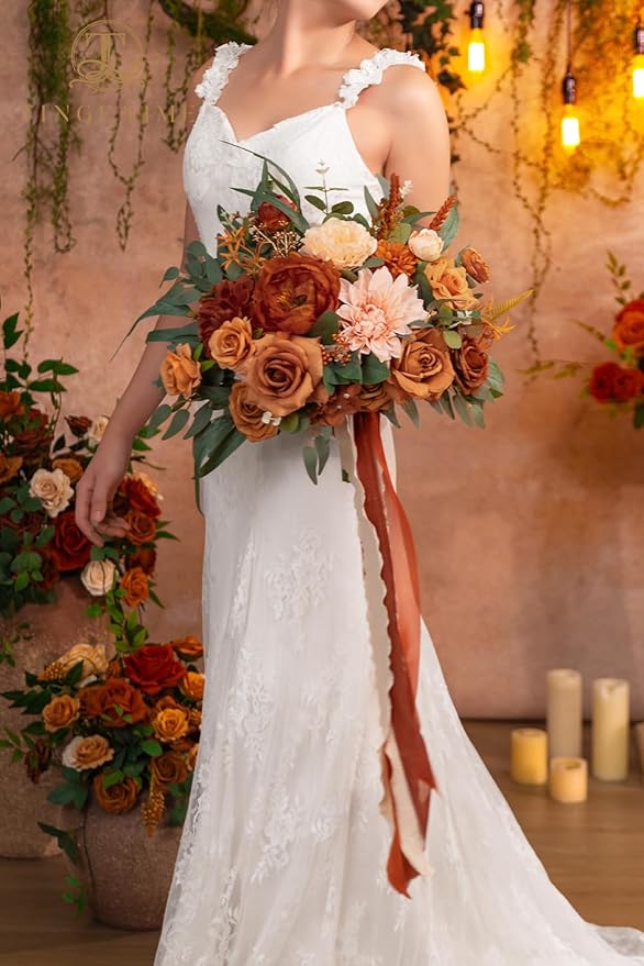 TINGE TIME 13 inch Terracotta Wedding Bouquets for Bride, Bridal Bouquet for Bride, Artificial Silk Rose for Graduation Bouquet, Fake Flowers for Fall Wedding Ceremony and Anniversary