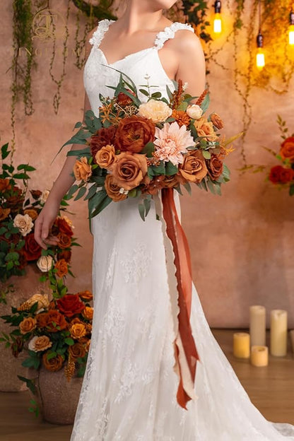 TINGE TIME 13 inch Terracotta Wedding Bouquets for Bride, Bridal Bouquet for Bride, Artificial Silk Rose for Graduation Bouquet, Fake Flowers for Fall Wedding Ceremony and Anniversary