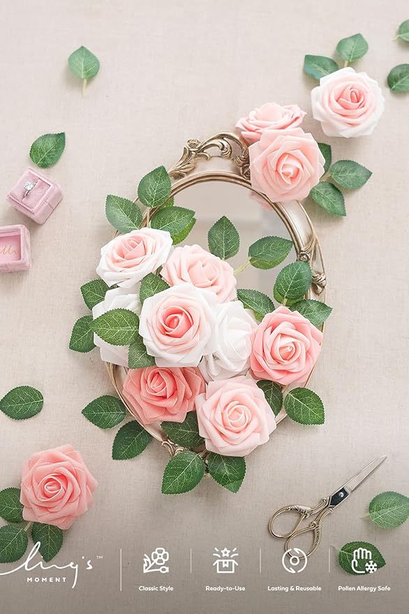 Ling's moment Artificial Flowers, 25Pcs 3" Roses in Shimmer Peach Shades, Realistic DIY Foam Floral Fill for Wedding Bouquets/Centerpieces, Outdoor Party Backdrops, Room/Table, Garden/Pot Decorations