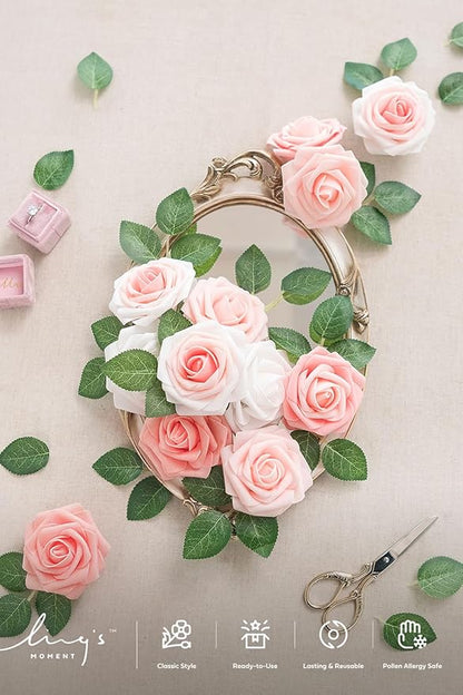 Ling's moment Artificial Flowers, 25Pcs 3" Roses in Shimmer Peach Shades, Realistic DIY Foam Floral Fill for Wedding Bouquets/Centerpieces, Outdoor Party Backdrops, Room/Table, Garden/Pot Decorations