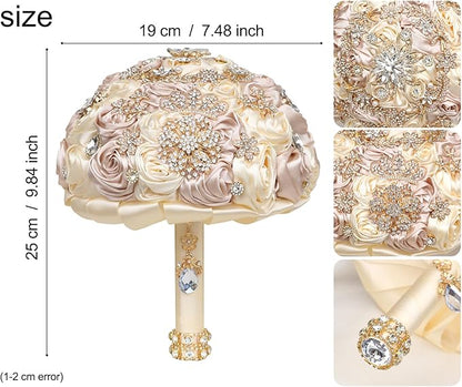 Handmade Satin Rose Floral Bling Pearl Decor Bridal Wedding Bouquet Rhinestone Pendant Artificial Brooch Flowers for Bride Bridesmaid Quinceanera