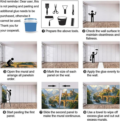 Fantasy Castle Wall Mural, Magical Waterfall Landscape 3D Wall Murals, Royal Palace Wallpaper Mural, for Living Room Bedroom Large Wallpaper Indoor Decor 137.8" W x100 H