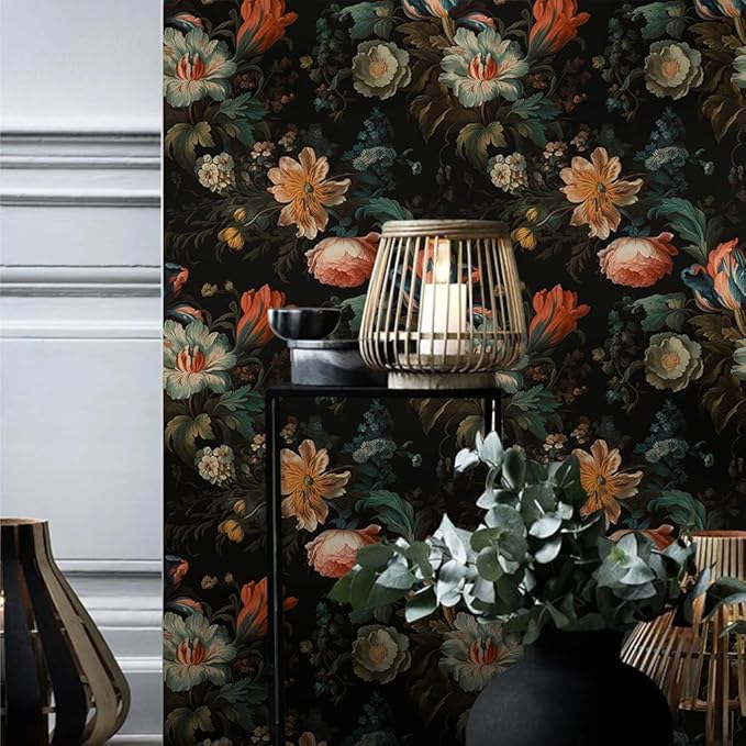 Vintage Gold Yellow Floral Peony Pink Orange White Flower Peel and Stick Wallpaper Easy Peel Off Contact Paper Stick on Adhesive Wall Paper for Bathroom Waterproof Renter Friendly