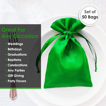 3" x 4" Green Satin Gift Bags, Jewelry Bags, Wedding Favor Silky Drawstring Bags Baby Shower Christmas Gift Bags 50 per Pack
