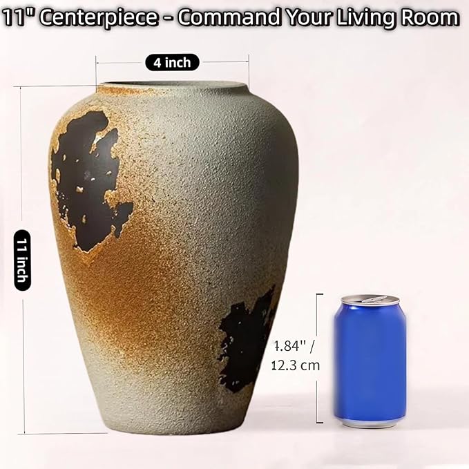 11" Large Handcrafted Ceramic Vase - Vintage Rustic Iron Glaze Pattern Farmhouse Flower Vase for Home Decor, Decorative Vase for Living Room Dining Table Fireplace Bookshelf Office