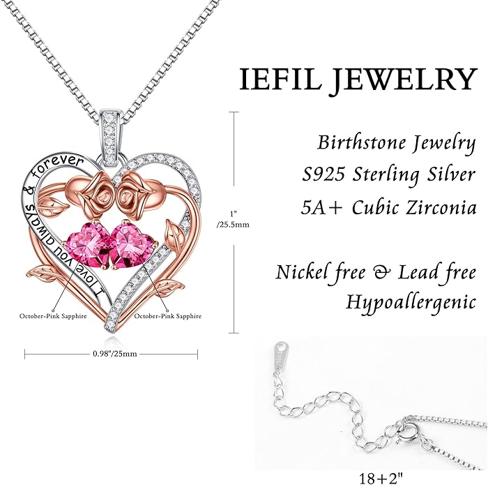 Iefil Rose Heart Double Birthstone Necklace Gifts for Wife Her Mom Women, Birthstone Jewelry Gemstone Birthday Gifts for Girlfriend Grandma Her Wife Women