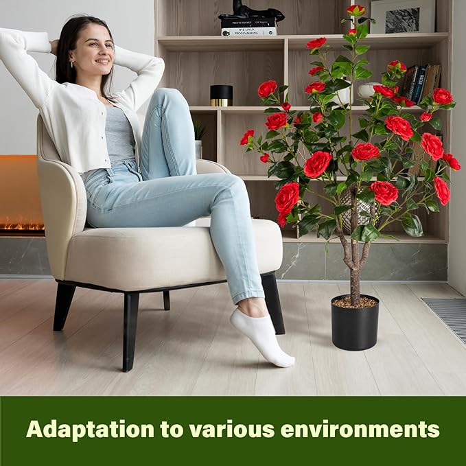 Artificial Camellia Tree,2Pack 3.6FT Faux Red Camellia Plants in Pots,Lifelike Artificial Flower Trees for Indoor Outdoor Home Decor,Realistic Blooming Faux Plants for Living Room Porch Patio Office