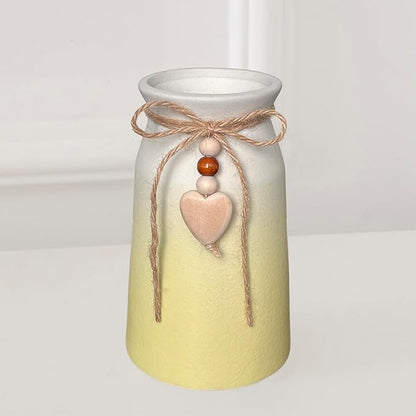 6-Inch Ceramic Flower Vase with Jute Rope & Heart Charm | Perfect for Boho, Farmhouse & Modern Home Décor, Yellow