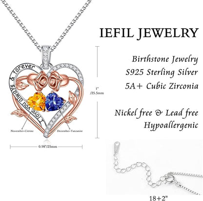 Iefil Rose Heart Double Birthstone Necklace Gifts for Wife Her Mom Women, Birthstone Jewelry Gemstone Birthday Gifts for Girlfriend Grandma Her Wife Women