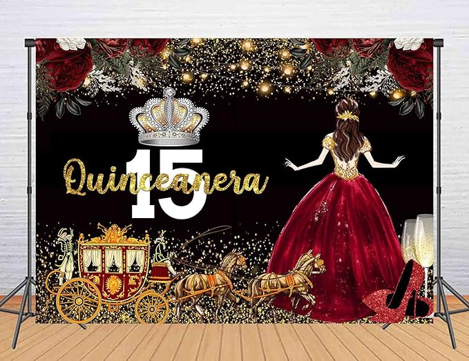 Red Dress Rose Flower Backdrops Quinceanera Birthday Backdrop for Girl Princess Happy 15th Bday Carriage Photography Props Cake Table Banner 5x3ft RBJLSLU32