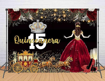 Red Dress Rose Flower Backdrops Quinceanera Birthday Backdrop for Girl Princess Happy 15th Bday Carriage Photography Props Cake Table Banner 5x3ft RBJLSLU32
