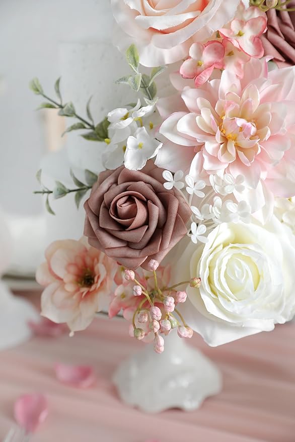 Artificial Flowers Roses Fake Flowers with Stems Pink Dahlia Artificial Flowers for DIY Bridal Bouquets Faux Flowers Centerpieces for Table Home Decor