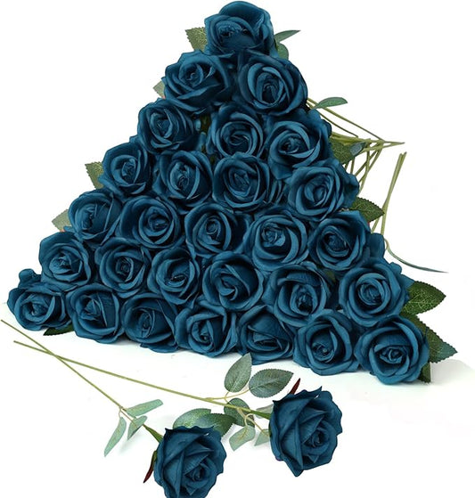 30pcs Fake Roses Artificial Silk Flowers Long Stems Bouquet for Wedding Bridal Shower Party Home Decoration (Teal)