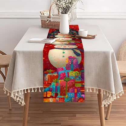 Christmas Table Runner 13 x 72 Inch, Holiday Snowman and Christmas Tree Design, Festive Red Winter Table Decoration with Gifts, Dining Table Centerpiece for Xmas Party Home Decor