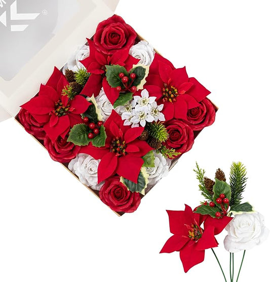 FANKO Christmas Artificial Flowers Rose: Red Poinsettias Artificial Fake Silk Red & White Rose Combo Set for DIY Tree Decor Xmas Wreath Floral Arrangements Centerpieces