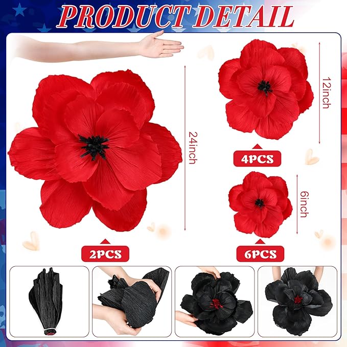 Giant Paper Flowers Artificial Large Paper Flower Decoration for Handcrafted Wall Backdrop Christmas Mexican Wedding Graduation Bridal Shower Birthday Party Supplies(Red and Black,12 Pcs)