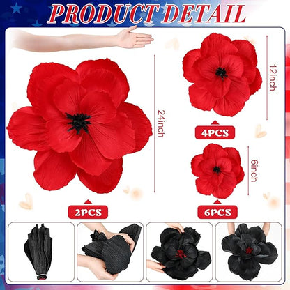 Giant Paper Flowers Artificial Large Paper Flower Decoration for Handcrafted Wall Backdrop Christmas Mexican Wedding Graduation Bridal Shower Birthday Party Supplies(Red and Black,12 Pcs)