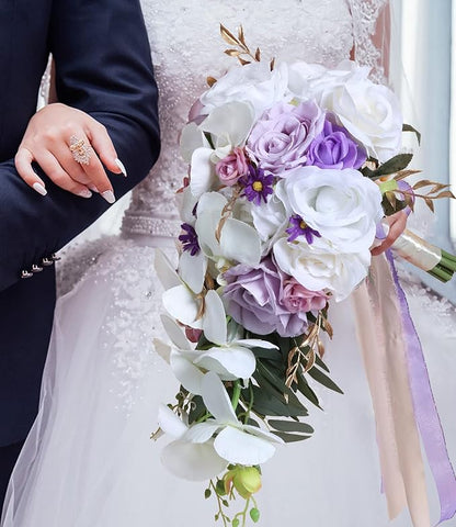 Bridal Bouquets for Bride, 11 Inch Artificial Flowers Bridal Bouquet Cascading Wedding Bouquets for Bride for Wedding Ceremony and Anniversary(White Purple)