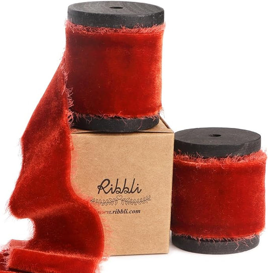 Ribbli Rust Red Velvet Ribbon 1.5 Inch Handmade Frayed Vintage Christmas Ribbon for Gift Wrapping Christmas Tree Ornament Wreath Craft Home Decor -Total 3 Yards with Wooden Spool