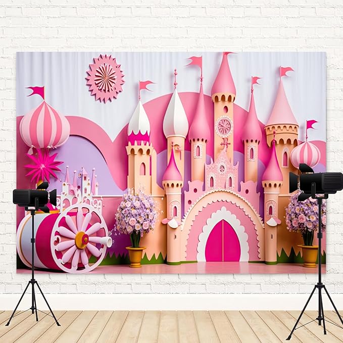 10x7ft Princess Castle Backdrop Pink Purple Floral Girl Birthday Photography Background Kids Birthdays Newborn Baby Shower Banner Decorations Wedding Party Portrait Photo Booth Prop