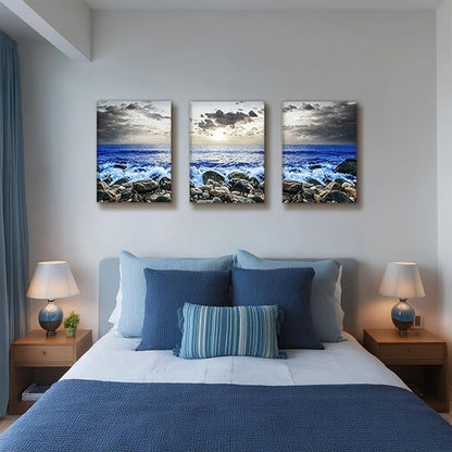 SERIMINO Beach Wall Art, Coastal Wall Art, Ocean Wall Decor, Modern Landscape Paintings Art Prints 3 Pieces Set, Seaside Canvas Pictures for Living Room Bedroom Bathroom Home Office Decoration 20"X28"
