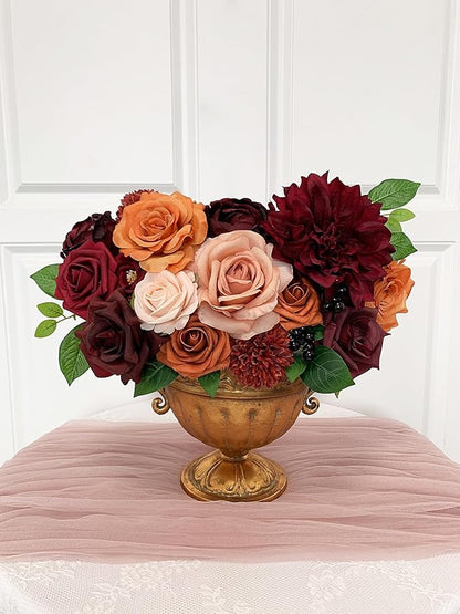 Roses Artificial Flowers Burgundy Bouquet Fake Flower with Stems for DIY Bridal Wedding Shower Decorations Party Table Centerpieces Faux Silk Floral Arrangement for Home Decor Indoor Orange