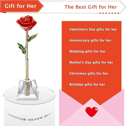 AliveRose Valentines Day Gift Rose, Long Stem Rose Made from 24K Gold Dipped Real Rose Gift for her Rose(Red with Crystal Vase)