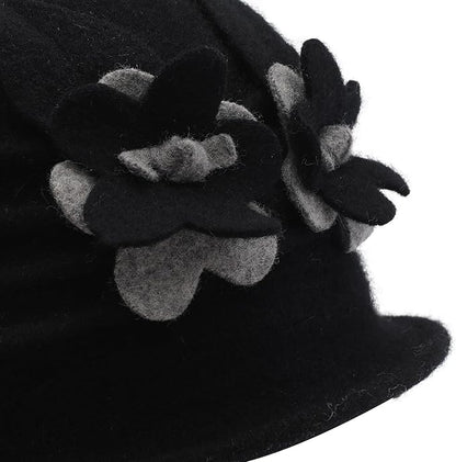ZLYC Women Wool Cloche Bucket Hat 1920s Vintage Dress Winter Hats with Flower Accent