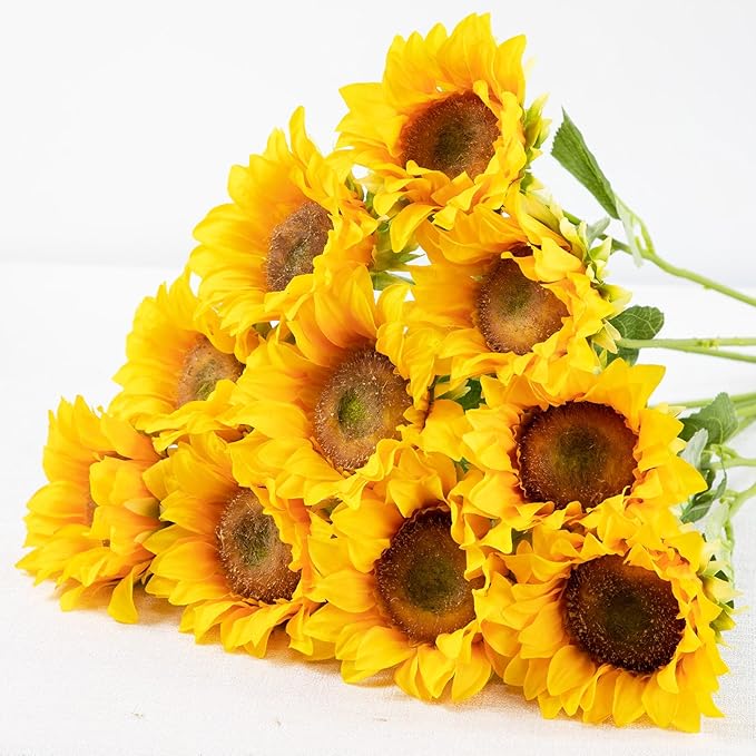 Sunflowers Artificial Flowers with Golden Yellow Long Stem Artificial Flower 10 Pcs for Home Decoration,Wedding Arrangement, Sunday Flower Arrangement(Golden Yellow)