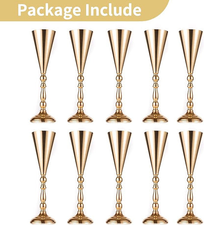 10 Pcs Tabletop Gold Metal Wedding Flower Trumpet Vase, 16.5 inch Table Decorative Centerpiece Artificial Flower Arrangements for Anniversary Ceremony Party Birthday Event Home Decoration (Gold)