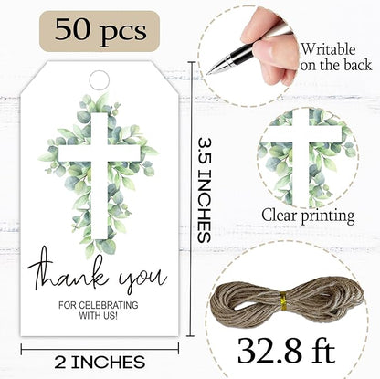 Thank You for Celebrating with Us Tag, 50 Pcs Baptism Lables, 2x3 Inch Baptism Gift Tags with String for Wedding Birthday Baby Shower Bridal Shower, Party Decoration, Cross Eucalyptus-A03