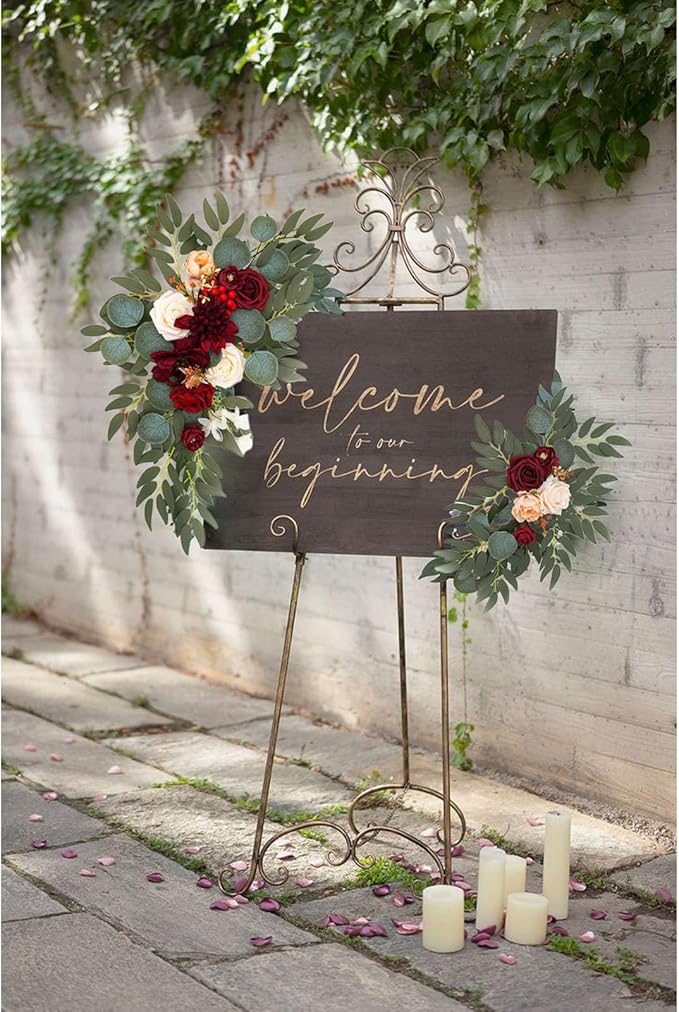 Faux Flower Swag Set of 2, Artificial Flowers Swags for Wedding Arch, Wedding Welcome Signs, Welcome Reception Ceremony Signs Decorations Burgundy